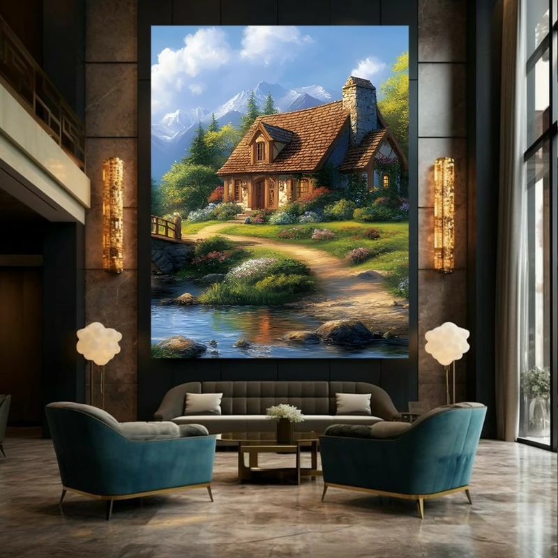 تابلو بوم طرح کلبه سرسبز مدل کوهستان برفی کد GR1592