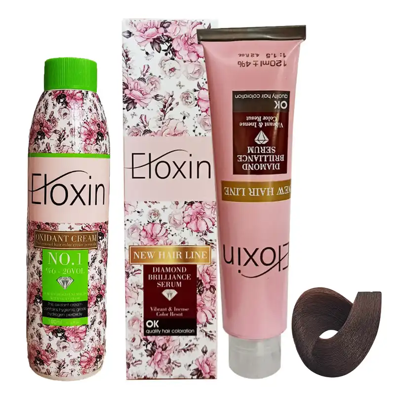 رنگ مو الوکسین شماره 4.0 حجم 120 میلی لیتر رنگ قهوه ايي متوسط به همراه اکسیدان مدل 01 شش درصدی حجم 180 میلی لیتر