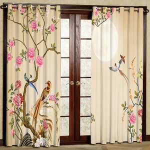 پرده مدل گل و پرنده مخمل پانچی کد 1147L سایز 140x280 سانتی متر