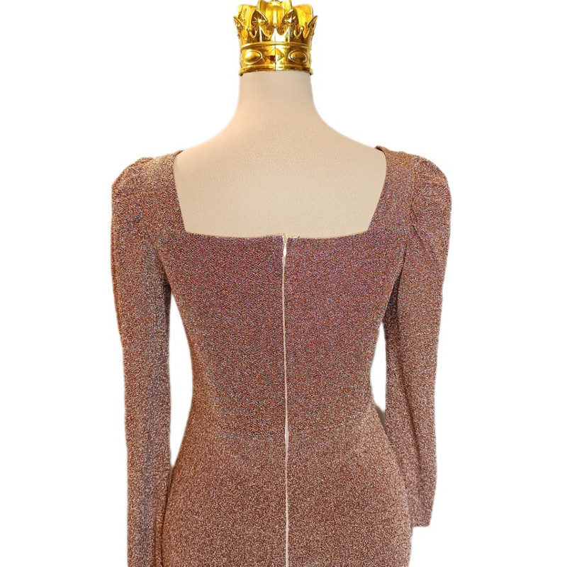 پیراهن یقه خشتی زنانه مدل میدی سنگ دوزی رنگ رزگلد