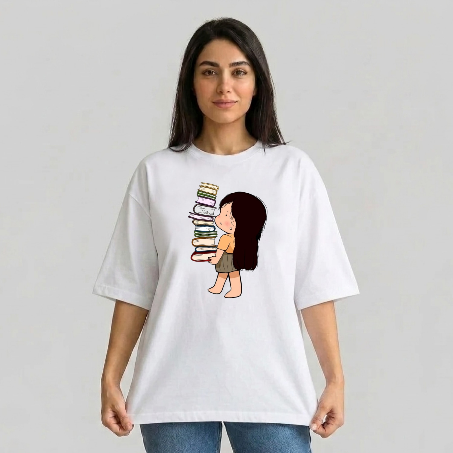 تی شرت آستین سه ربع زنانه مدل باکسی طرح دختر و کتاب کد v2