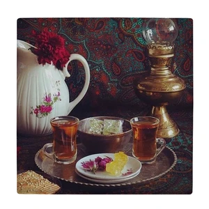کاشی کارنیلا طرح چراغ گردسوز و استکان چایی و نبات مدل لوحی کد klh2465