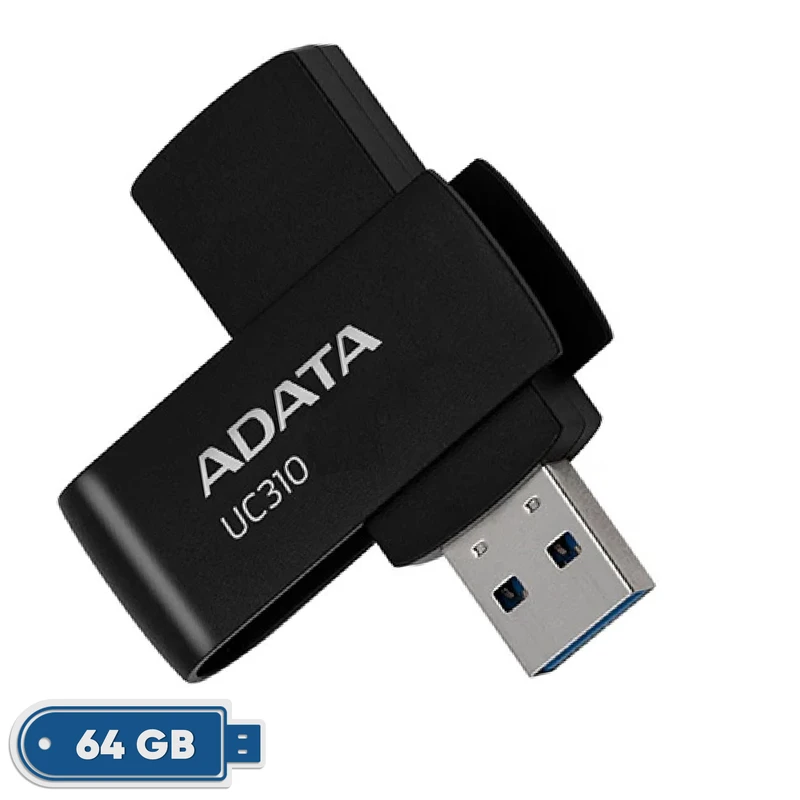 فلش مموری ای دیتا مدل UC310 ظرفیت 64 گیگابایت با رابط USB 3.2 Gen1، طراحی چرخشی، سازگار با ویندوز، مک، لینوکس، بدون نیاز به نصب درایور و مناسب استفاده در کامپیوتر، لپ‌تاپ، گوشی و تلویزیون