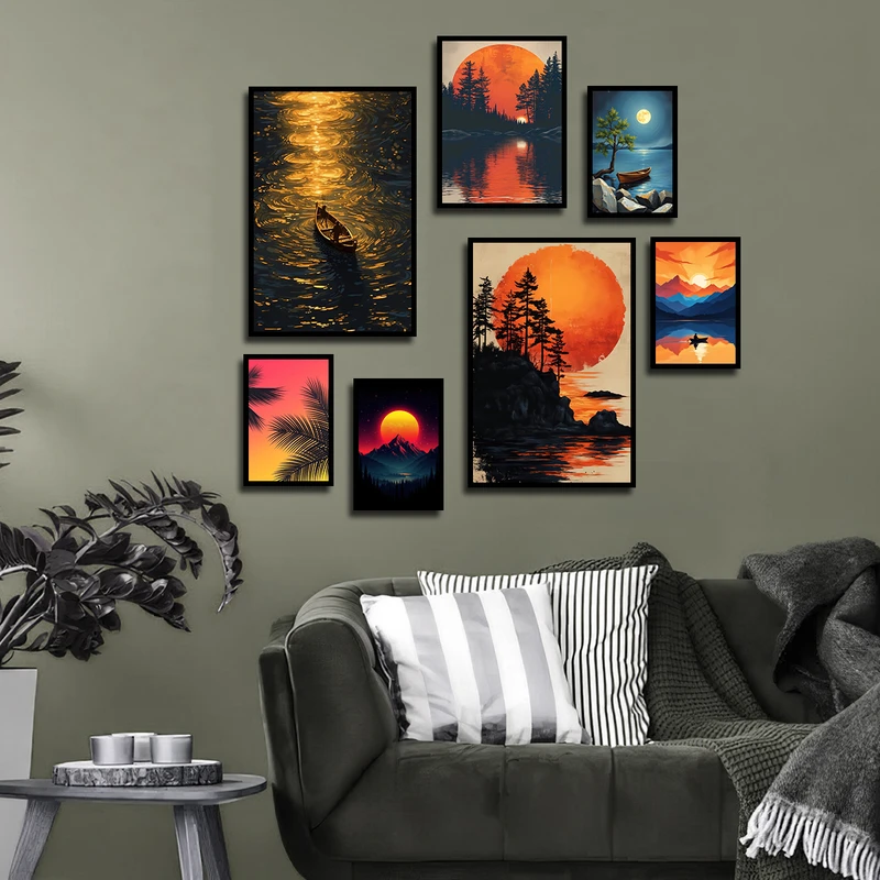 تابلو بکلیت طرح غروب و دریا مدل B-3208 فریم مشکی مجموعه 7 عددی