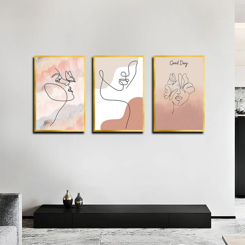 تابلو بکلیت طرح مدرن و مینیمال چهره مدل T-3939 فریم طلایی مجموعه 3 عددی