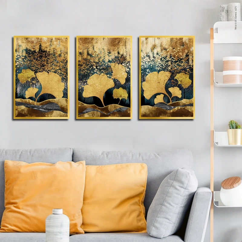 تابلو بکلیت طرح نقاشی برگ طلایی مدل شاین اکلیلی T-3145 مجموعه 3 عددی
