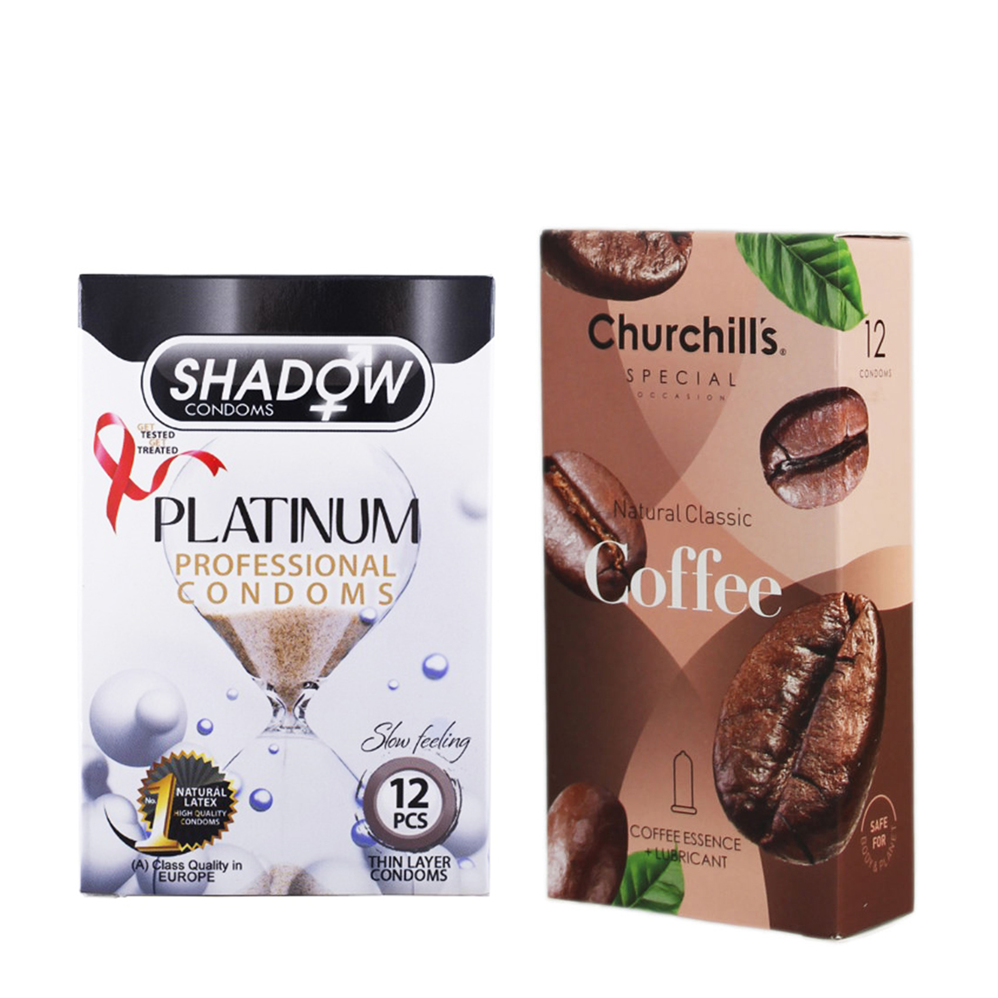 کاندوم چرچیلز مدل Coffee بسته 12 عددی به همراه کاندوم شادو مدل Platinum بسته 12 عددی