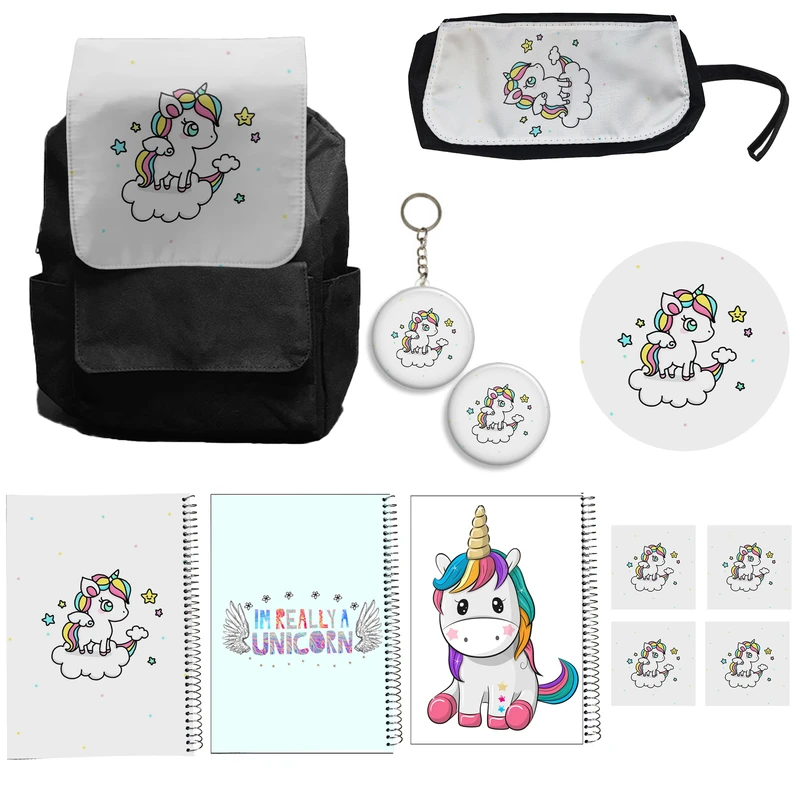 کوله پشتی مدل یونیکورن تک شاخ کد A15 Unicorn به همراه دفتر مشق و جامدادی و زیر لیوانی و جاکلیدی مجموعه 12 عددی