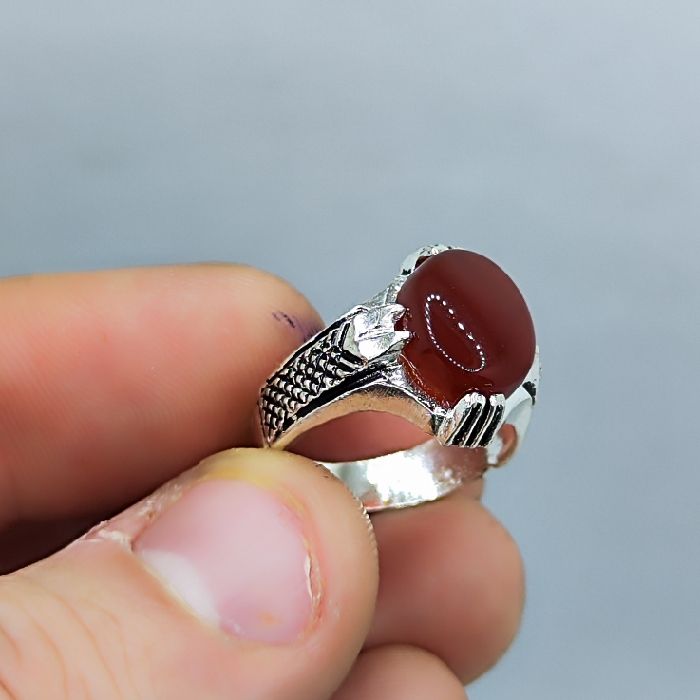 انگشتر نقره مردانه مدل سنگ عقیق رضوی رکاب چهار چنگ اسپرت کد 200 -  - 2