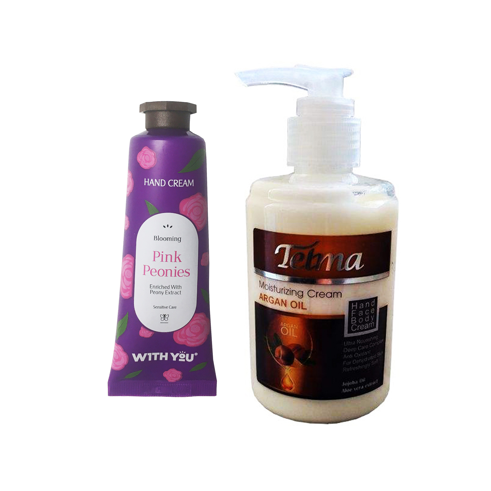 کرم آبرسان و مرطوب کننده تلما مدل آرگان حجم 200 میلی لیتر به همراه کرم مرطوب کننده ویت یو مدل Pink Peonies حجم 50 میلی لیتر 