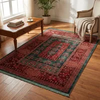 فرش ماشینی 700 شانه فرش ابریشمی کرامتیان زمینه سبز حاشیه لاکی مدل طرح سرو جاودان کد 5106B