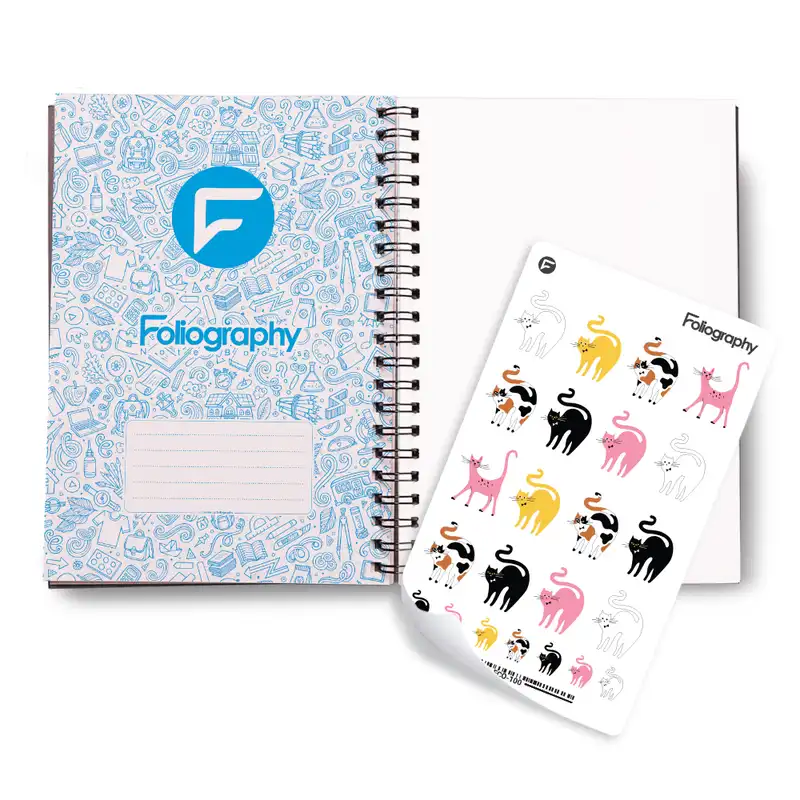 دفتر مشق 100 برگ فولیوگرافی طرح گربه کد 2 به همراه استیکر