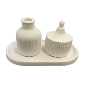 ست سه تکه گلدان و قندان بتنی مدل شیاردار