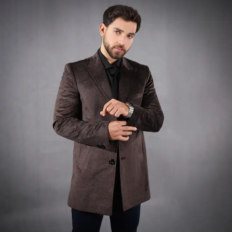 پالتو مردانه مدل مخمل چهارخانه یقه بلیزر رنگ قهوه ای
