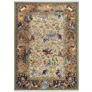 فرش ماشینی 1500 شانه محتشم زمینه سبز حاشیه خاکستری مدل شکارگاه