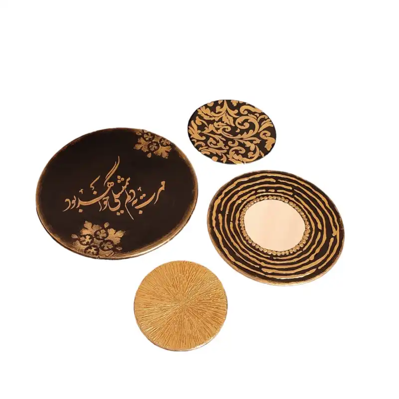 بشقاب دیوارکوب سفالی طرح تکسچر و ورق طلا مجموعه 4 عددی