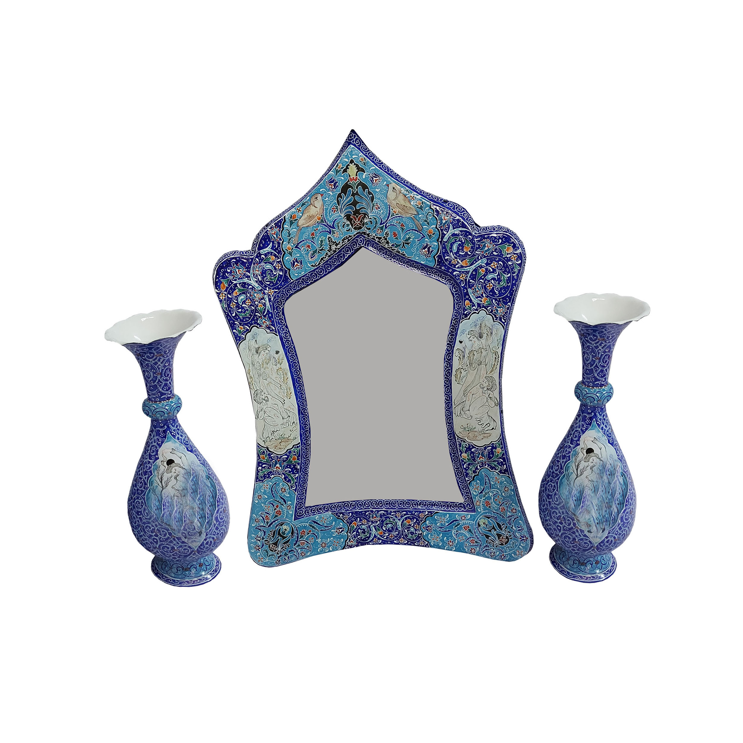 ست 3 تکه آینه و گلدان میناکاری مدل اسلیمی ختایی طرح پرداز کد 6525