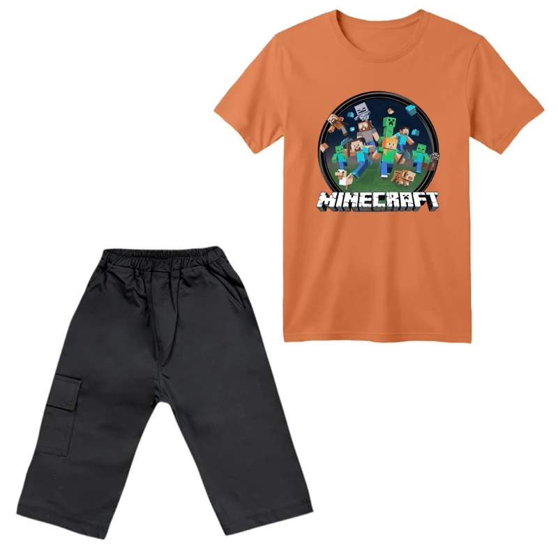 ست تی‌شرت آستین کوتاه و شلوارک پسرانه مدل ماینکرفت کد 006 رنگ گلبهی