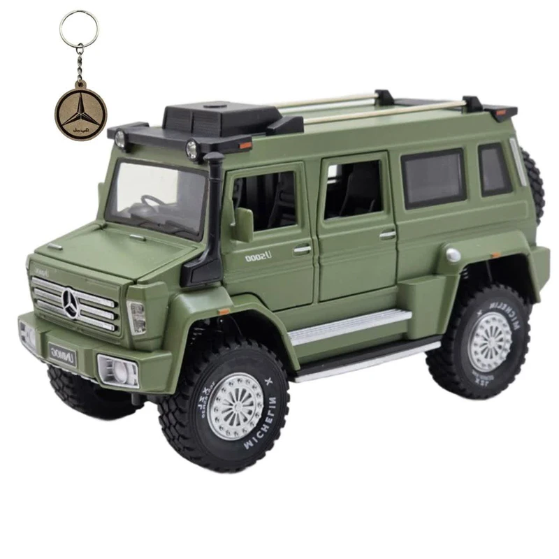 ماکت ماشین ناب سل مدل بنز یونیماگ فلزی موزیکال چراغدار عقب کش همراه با جاسوییچی MERCEDES BENZ UNIMOG U5000