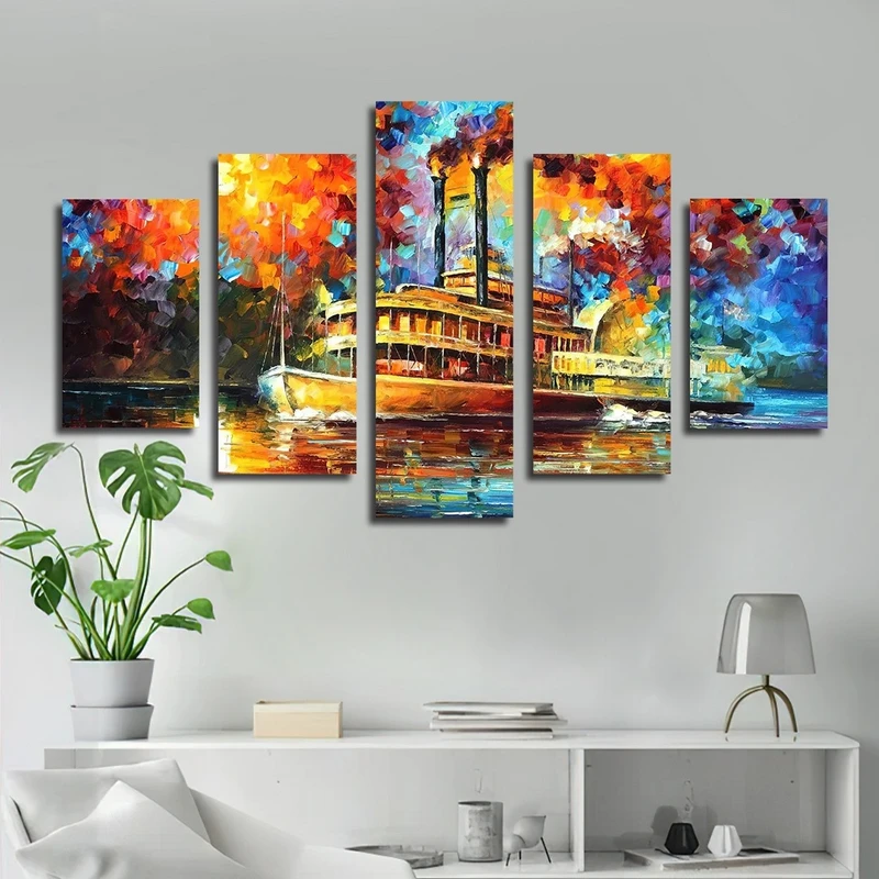 تابلو شاسی بکلیت طرح نقاشی رنگ روغن کشتی مدل SH-2540 مجموعه 5 عددی