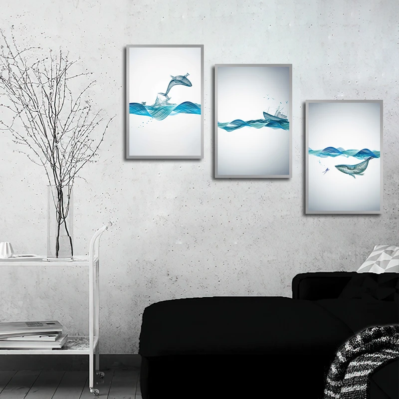 تابلو بکلیت طرح مدرن نقاشی انتزاعی دریا و دلفین مدل SI-3458 فریم نقره ای مجموعه 3 عددی