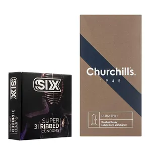 کاندوم چرچیلز مدل Ultra Thin Double Delay بسته 12 عددی به همراه کاندوم سیکس مدل شیاردار بسته 3 عددی 