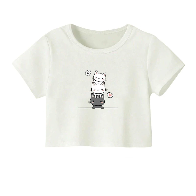 کراپ‌ تی‌شرت آستین کوتاه زنانه مدل سه گربه کد۳