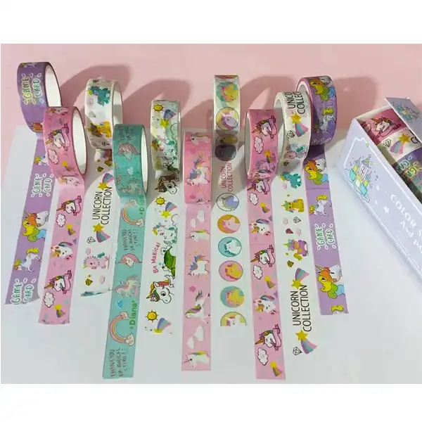 چسب نواری مدل واشی طرح یونیکورن عرض 1.5 سانتی متر مجموعه 10 عددی