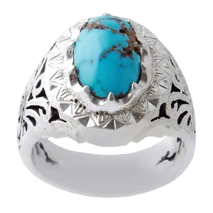 انگشتر نقره مردانه بازرگانی میلادی مدل فیروزه نیشابور طبیعی رکاب دستساز کد AM_1037