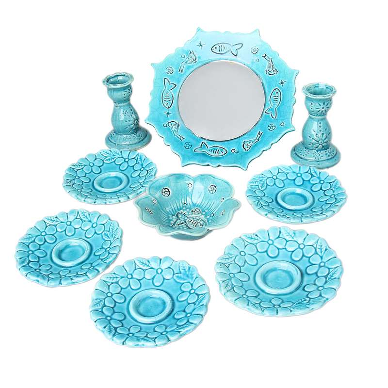 مجموعه ظروف هفت سین 9 پارچه مدل فیروزه طرح گلی کد DEK_344