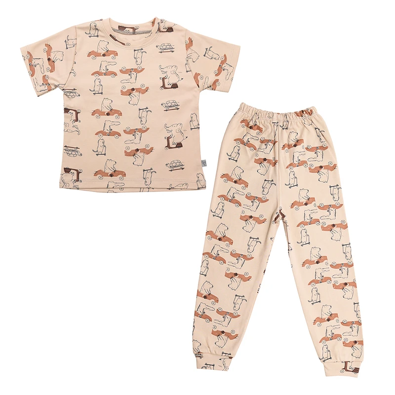 ست تی شرت آستین کوتاه و شلوار پسرانه گنجشکک مدل فیل و گربه رنگ کرم