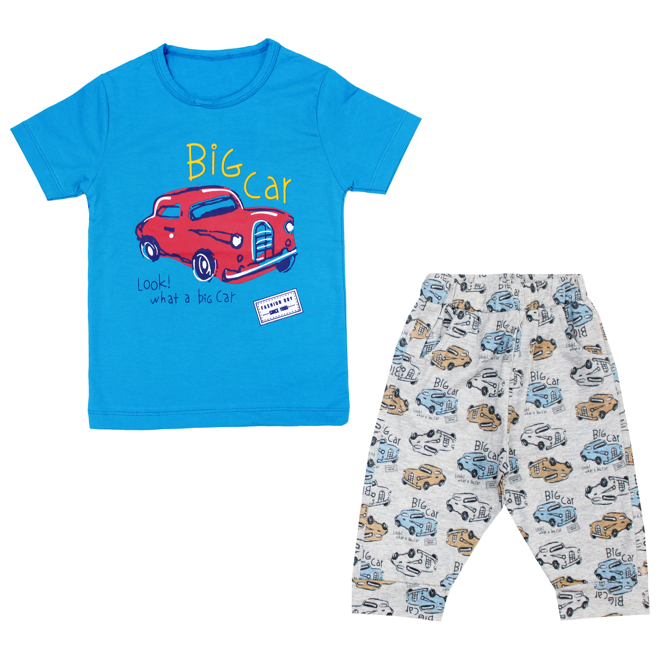 ست تی شرت و شلوارک پسرانه مدل BIG CAR رنگ آبی