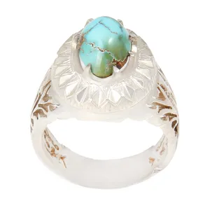 انگشتر نقره مردانه بازرگانی میلادی مدل سنگ فیروزه طبیعی نیشابور رکاب دست ساز کد AM_2156