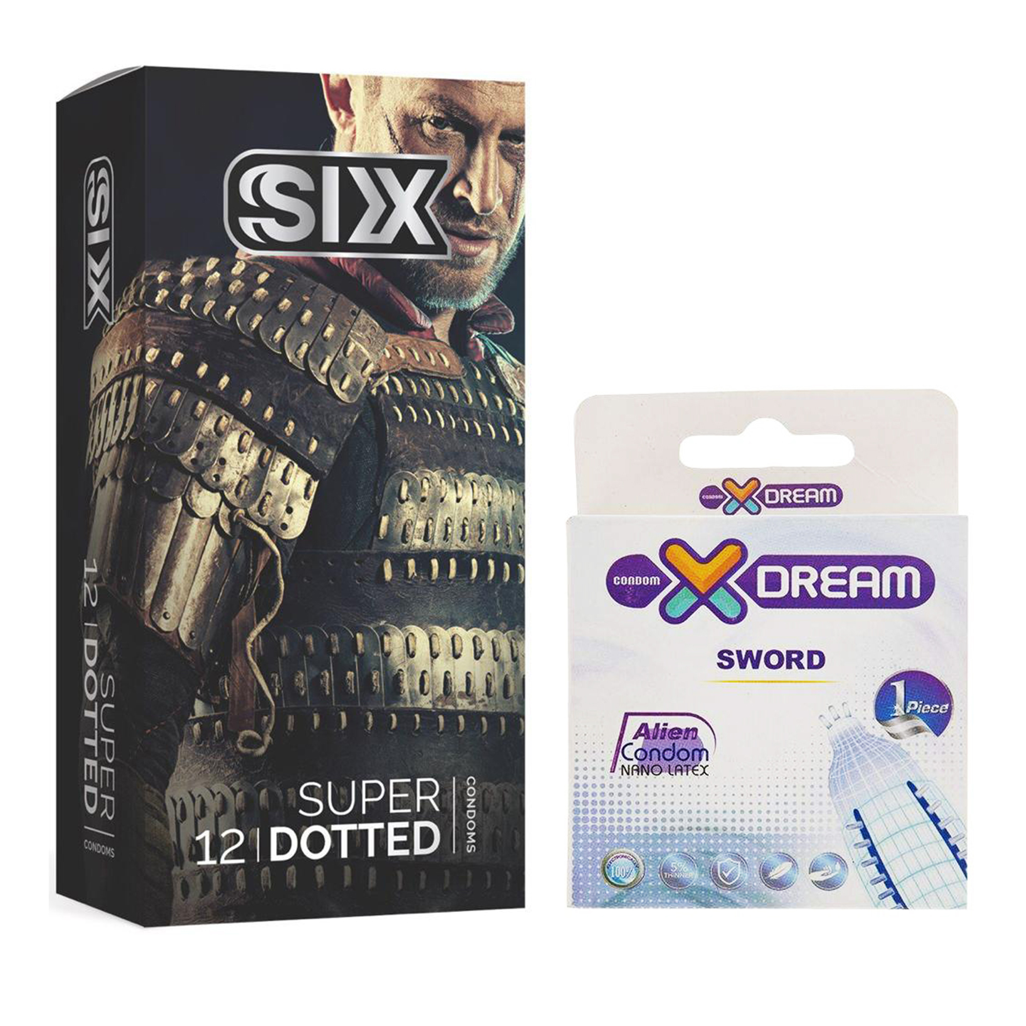 کاندوم سیکس مدل Super Dotted بسته 12 عددی به همراه کاندوم ایکس دریم مدل Sword