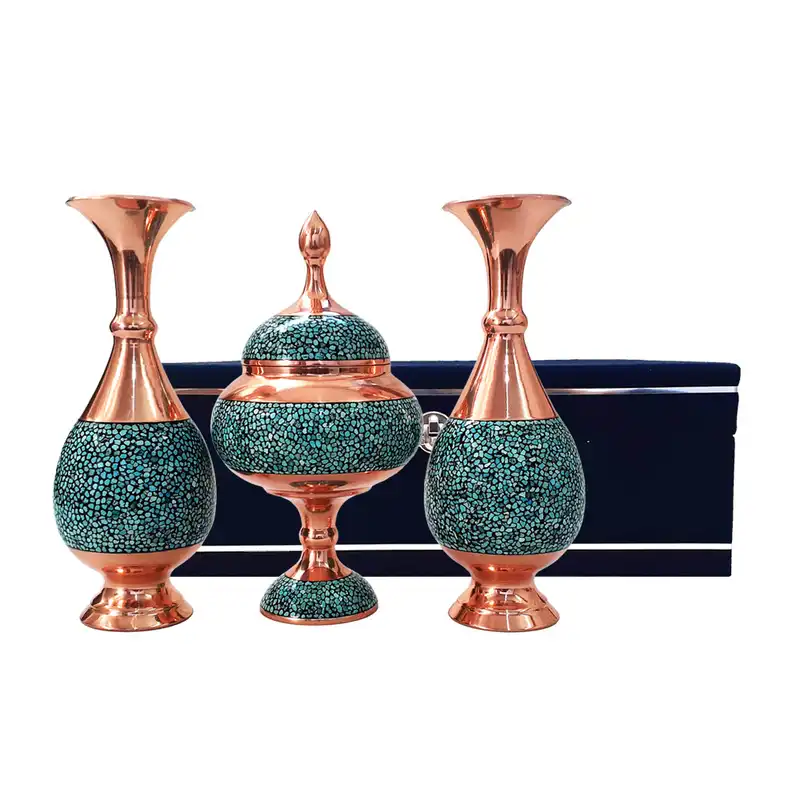 ست 3 تکه گلدان و شکلات خوری فیروزه کوبی کد 25-1