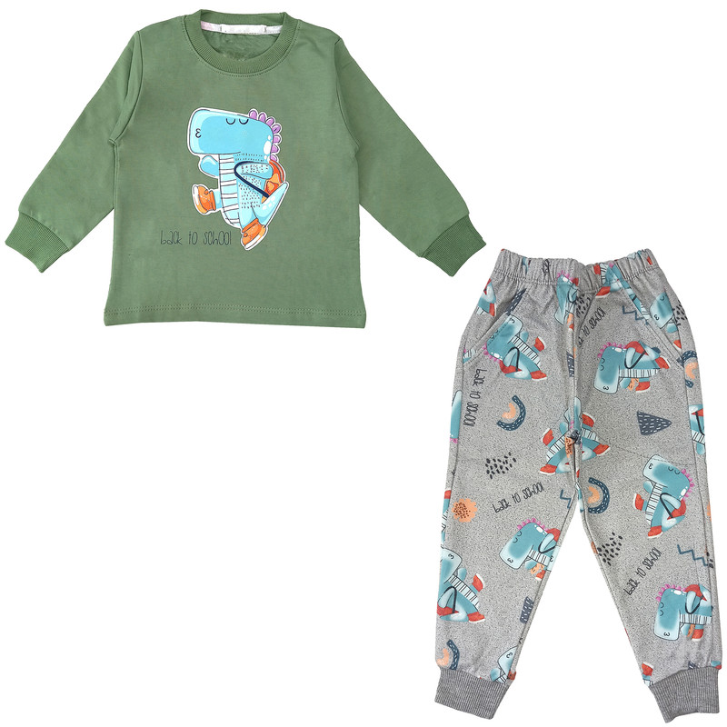 ست تی شرت و شلوار پسرانه مدل دایناسور دانش آموز کد 3610 رنگ سبز