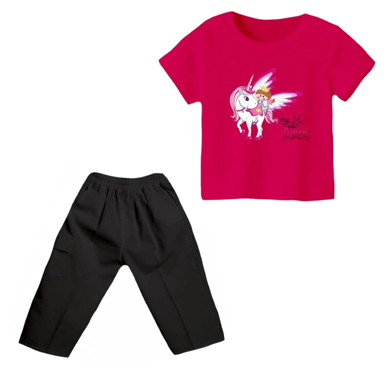 ست تی شرت و شلوارک دخترانه مدل یونیکورن کد 48 رنگ سرخابی