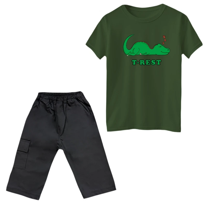 ست تی‌شرت و شلوارک پسرانه مدل دایناسور و استراحت