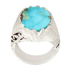 انگشتر نقره مردانه بازرگانی میلادی مدل سنگ فیروزه طبیعی نیشابور رکاب دست ساز سیاه قلم کد AM_2043