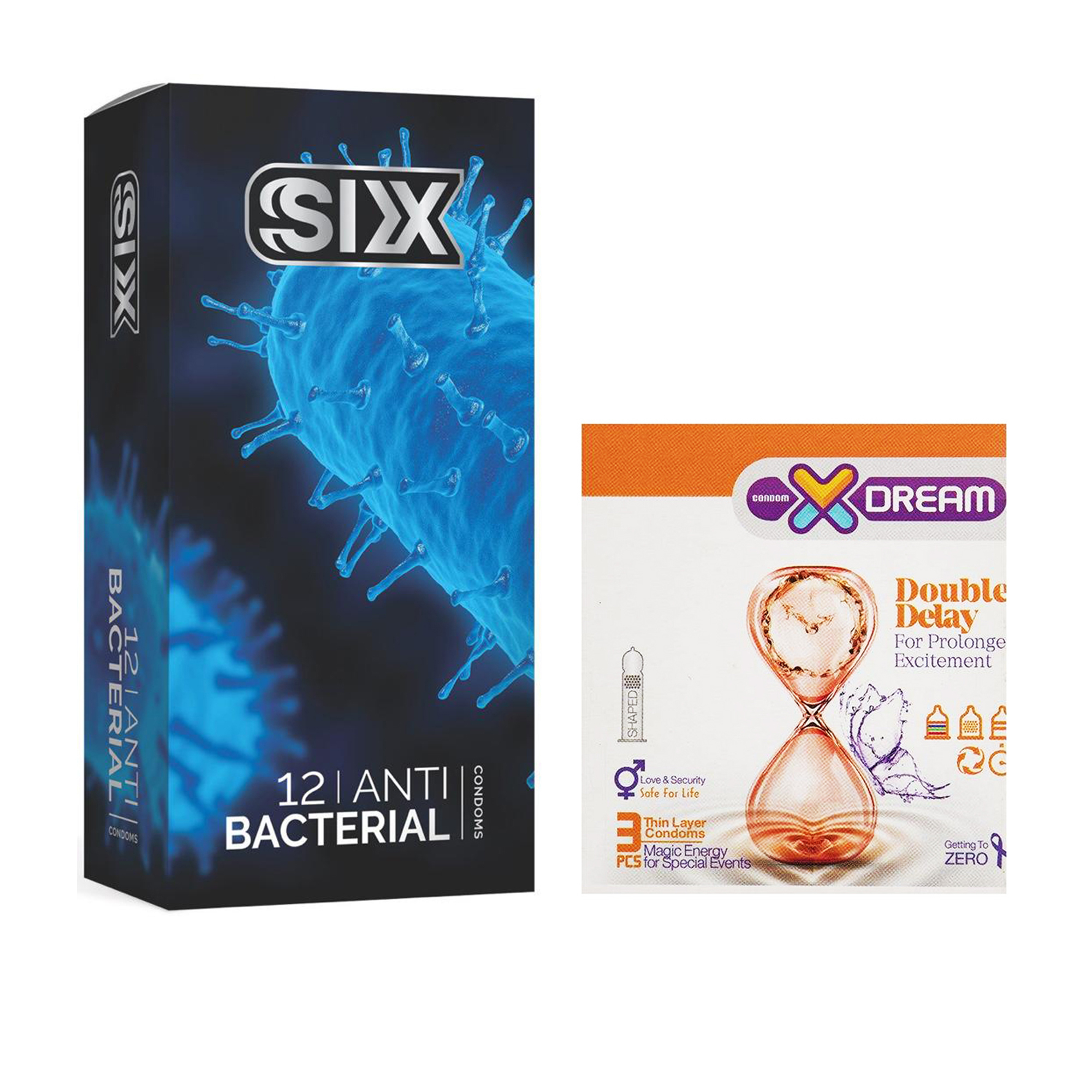  کاندوم سیکس مدل Anti Bacterial بسته 12 عددی به همراه کاندوم ایکس دریم مدل Double Delay بسته 3 عددی