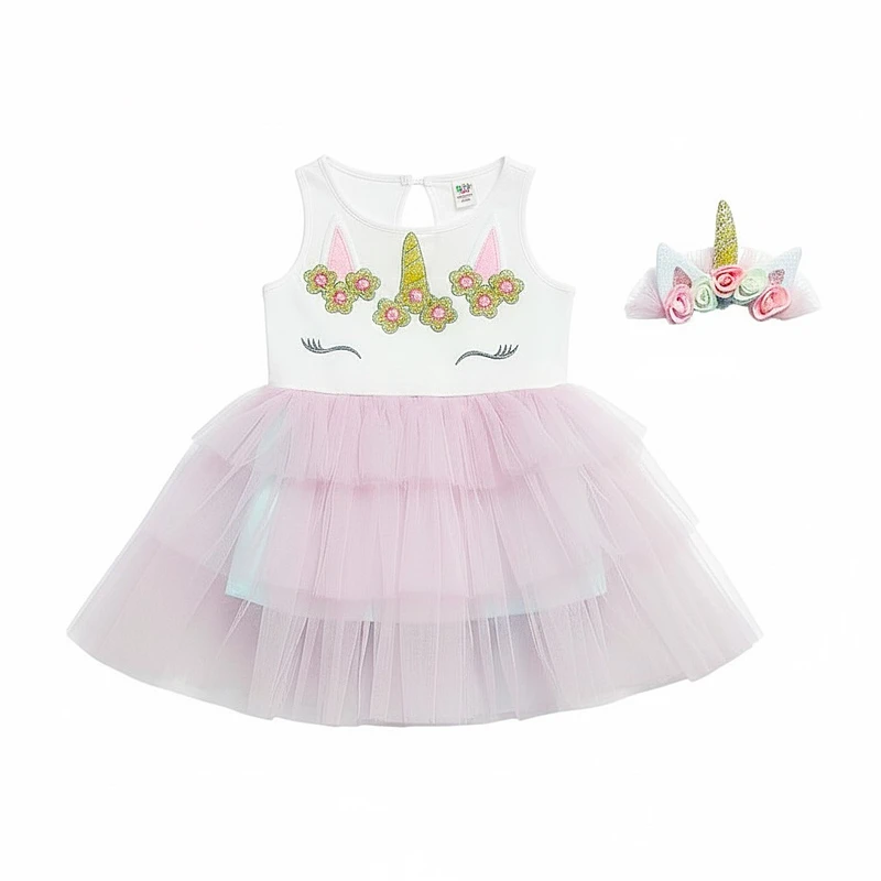 پیراهن بدون آستین یقه گرد دخترانه مدل UNICORN همراه با تل