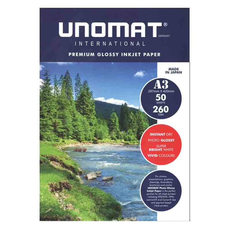 کاغذ چاپ عکس فتوگلاسه یونومات سری پریمیوم مدل 260g سایز A3 بسته 50 عددی