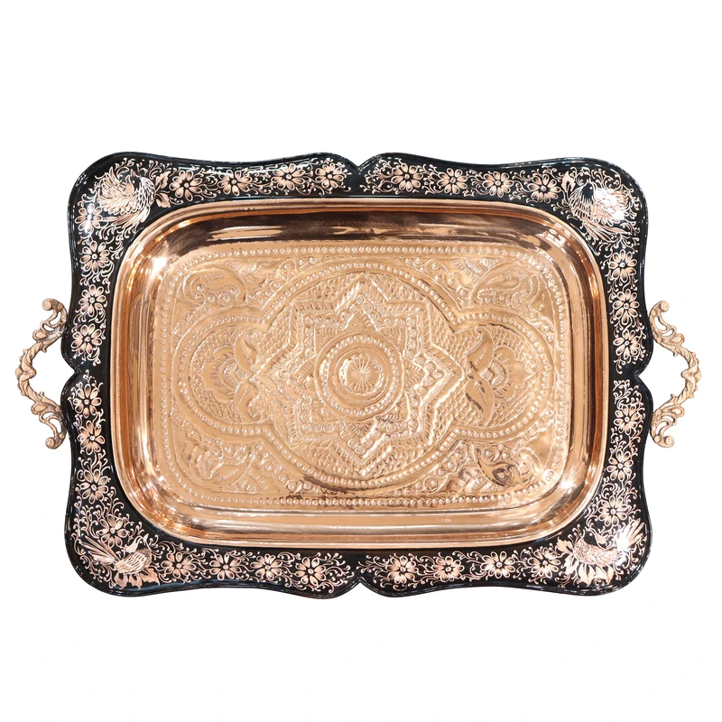 سینی مسی صنایع دستی فاخر مدل نیمه الماس تراش و قلمزنی طرح اشرافی کد Tray55p36half 