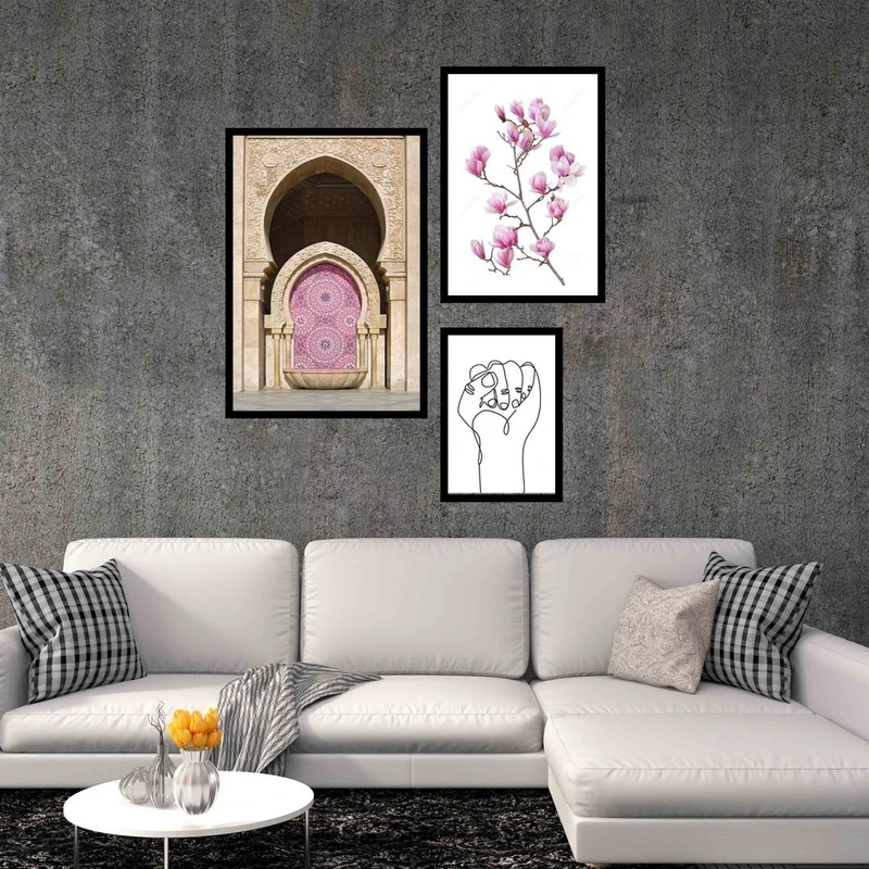 تابلو بکلیت طرح منظره قدیمی و گل مدل B-439 مجموعه 3 عددی