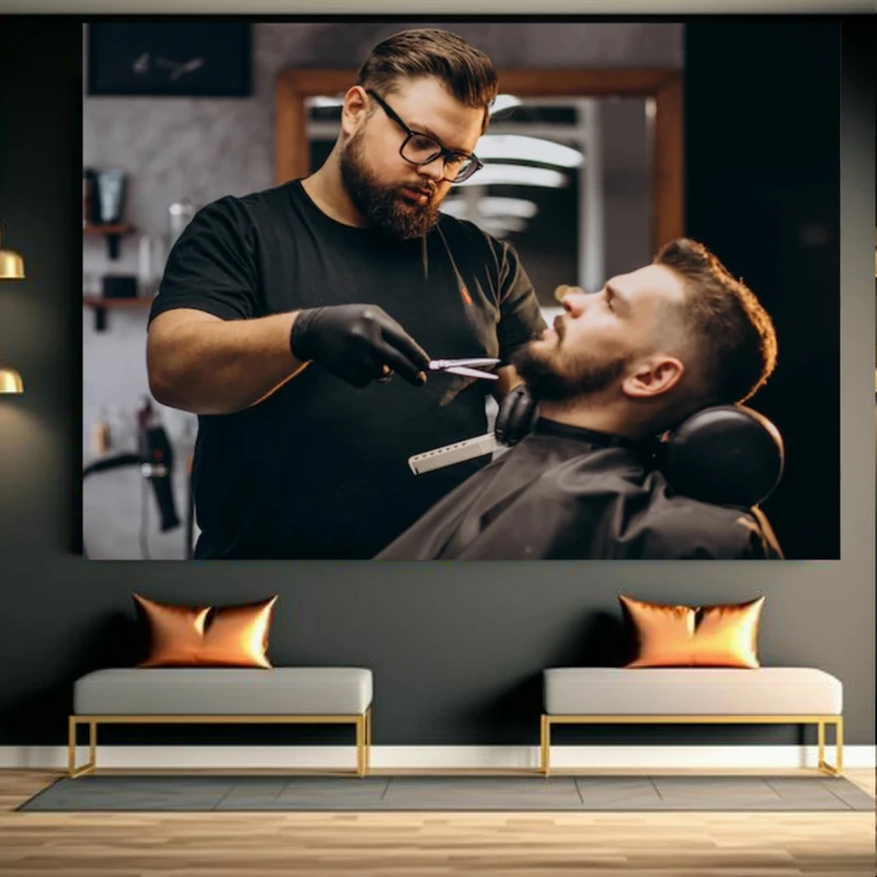 تابلو بوم طرح مخمل آرایشگاه مردانه مدل شانه و قیچی کد BK23731