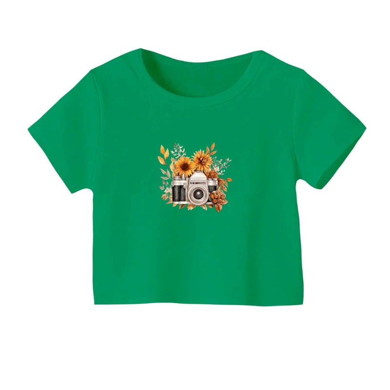 کراپ‌ تی‌شرت آستین کوتاه زنانه مدل دوربین عکاسی