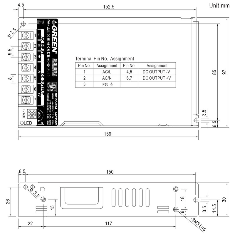 منبع تغذیه سوئیچینگ 24 ولت 6.5 آمپر گرین مدل GP150-S24