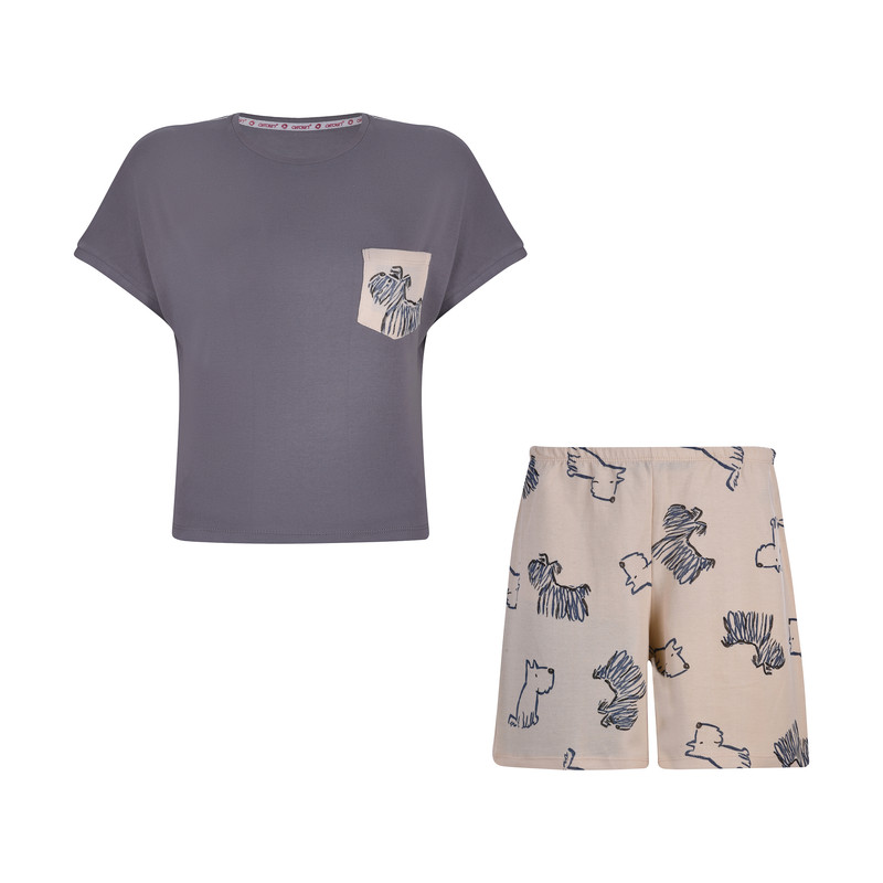 ست کراپ تی شرت و شلوارک زنانه افراتین مدل سگ مو بلند رنگ طوسی