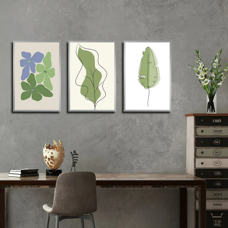 تابلو بکلیت طرح نقاشی برگ و گل مدل SI-3922 فریم نقره ای مجموعه 3 عددی