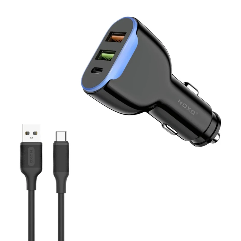 شارژر فندکی 30 وات سه پورت نوکسو مدل CCN-2 به همراه کابل تبدیل USB-A به USB-C